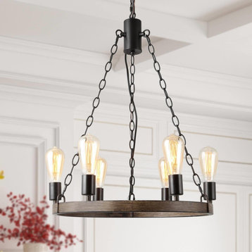 LALUZ 6-Light Farmhouse Black and Wood Glass Shaded Chandelier