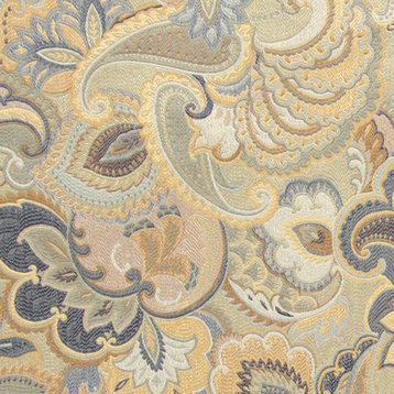 Blue, White and Gold, Abstract Floral Upholstery Fabric By The Yard