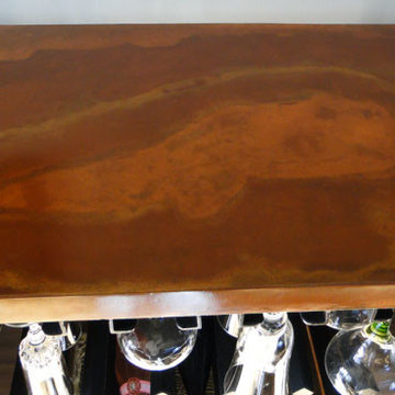 steel buffet table with patina and walnut shelves
