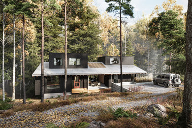 Réalisation d'une façade de maison noire minimaliste en bois de taille moyenne et à un étage avec un toit à deux pans, un toit en métal et un toit gris.