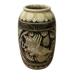 Chinese Cizhou Ware Ceramic Black Underglaze Foo Dogs Round Vase cs3033 - Vases