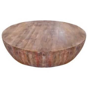 Handcarved Drum Shape Round Top Mango Wood Distressed Wooden Coffee Table, Brown