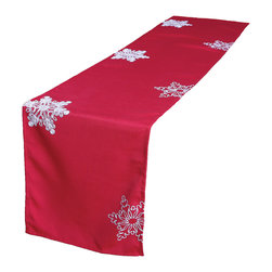 Xia Home Fashions - Christmas Red Table Runner Embroidered With White Snowflakes - Table Runners