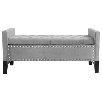 Grace Velvet Button Tufted With Silver Nailhead Trim Storage Bench, Light Gray