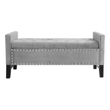 Grace Velvet Button Tufted With Silver Nailhead Trim Storage Bench, Light Gray