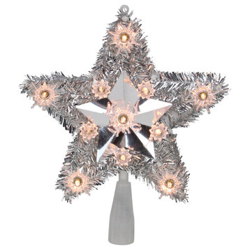 Lighted Silver Tinsel Star Christmas Tree Topper 9" Clear Lights