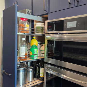 Blue and White Kitchen with Tiled Pass Through