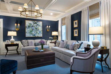 Mid-sized elegant enclosed dark wood floor, blue floor, exposed beam and wallpaper living room photo in Other with blue walls, a standard fireplace and a stone fireplace
