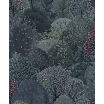 Enchanted Lush Landscape Tropical Printed Wallpaper 57 Sq. Ft., Navy Berry, Double Roll