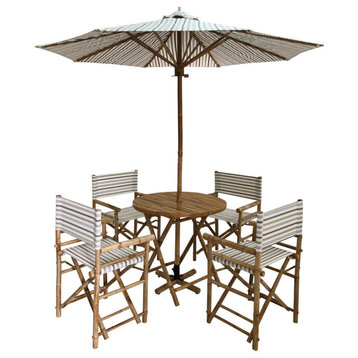 Outdoor Patio Set Umbrella Round Table Chairs Folding Dining, White Stripes