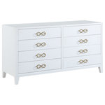 Meridian Furniture - Bowtie Dresser, White - Bring unique elegance to your bedroom with this Bowtie white/gold dresser from Meridian Furniture. This dresser features eight drawers, providing you with plenty of storage space for clothes, linens, or miscellaneous objects. Its white color adds a touch of brigtness to your living space, and its brushed gold bow tie handles complement your existing decor. Its flat top is perfect for placing a lamp, framed picture, books, bric-a-brac, and more.