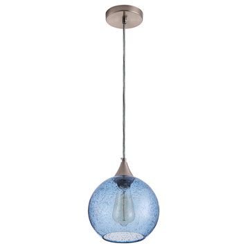 Farmhouse 1-Light Brushed Nickel Pendant Lamp With Blue Seeded Glass
