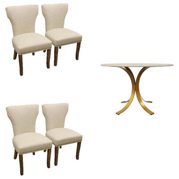 Home Square 5-Piece Set with 48" Round Marble Top Table & 4 Ivory Side Chairs