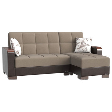 L-Shape Sleeper Sofa, Square Tufted Seat, Beige Chenille/Brown Leatherette