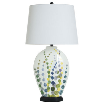Moody Weaves Table Lamp Ceramic White and Multi Painted Design White Shade