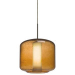 Besa Lighting - Besa Lighting 1JT-NILES10AO-BR Niles 10 - One Light Pendant with Flat Canopy - The Niles Amber Pendant is composed of a broad transparent amber glass cylinder, with an interesting bubble pattern blown randomly throughout the glass and exposed light source. The pleasing play of light through the bubble accents make for a striking affect, along with the popular theme of this transitionally designed pendant. The cord pendant fixture is equipped with a 10' SVT cordset and an low profile flat monopoint canopy. These stylish and functional luminaries are offered in a beautiful brushed Bronze finish.  No. of Rods: 4  Canopy Included: TRUE  Shade Included: TRUE  Cord Length: 120.00  Canopy Diameter: 5 x 5 x 0 Rod Length(s): 18.00Niles 10 One Light Pendant with Flat Canopy Amber Bubble/Opal GlassUL: Suitable for damp locations, *Energy Star Qualified: n/a  *ADA Certified: n/a  *Number of Lights: Lamp: 1-*Wattage:60w T10 Medium Base bulb(s) *Bulb Included:No *Bulb Type:T10 Medium Base *Finish Type:Bronze