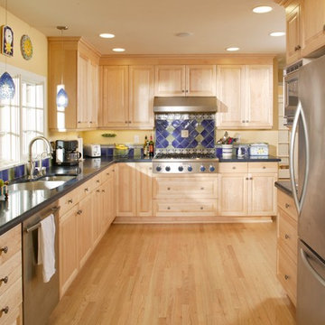 Large Open Kitchen with Diamond Shaped Backsplash