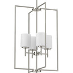 Progress Lighting - Replay Collection 4-Light Foyer Pendant, Brushed Nickel - Clean, simple lines finished in a quietly reflective Brushed Nickel take center stage in the Replay four-light foyer pendant. Two elongated, rectangular frames intersect above and below a gathering of etched glass diffusers elegantly congregating at the fixture’s center. The clean, simple lines in this design make it perfect for hanging in a foyer or over a dining table or kitchen island in transitional and modern interiors.