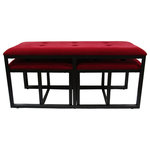 Ore International - 20.5"H Red Suede Tufted Metal Bench With  2 Seatings - With a classic modern low-profile design, the Red Black Bench with 2 extra seatings looks wonderful in the any room decor and fits nicely in front of your bed ensemble.With a versatile, satin black finish, this bench features durable metal construction and plush tufted upholstery. When not in use, two extra seatings can be tuck away underneath the bench away from sight. Simple in design and functional in construction, this little bench offers extra seating and storage without a big footprint.                                                                                                                                        Features comfortable padding with plush upholstery over sturdy frame.
