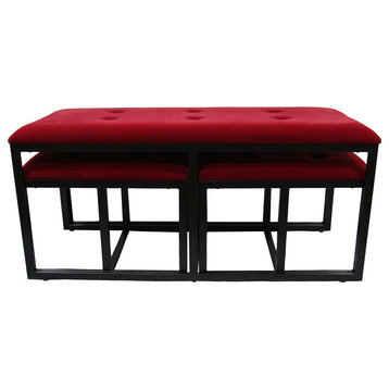 20.5"H Red Suede Tufted Metal Bench With  2 Seatings