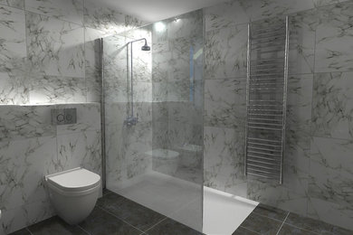 Inspiration for a large traditional family bathroom in Hampshire with a walk-in shower, a wall mounted toilet, white tiles, glass tiles and porcelain flooring.