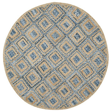 Contemporary Area Rug, Round Design Denim Natural Pure Jute & Blue Cotton, 6'