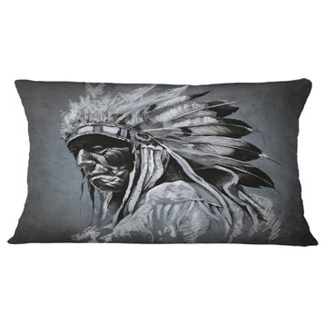 American Indian Tattoo Art Portrait Throw Pillow, 12"x20"