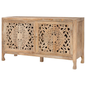 Traditional Storage Cabinet, 2 Doors With Unique Ornate Carved Mandalas, Brown