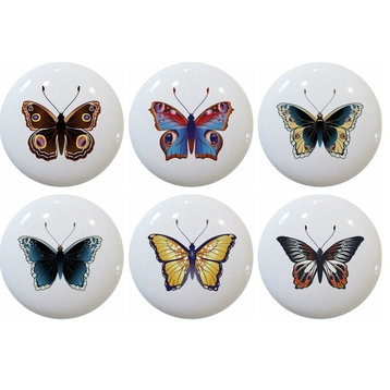 Set of 6 Butterfly Ceramic Cabinet Drawer Knobs