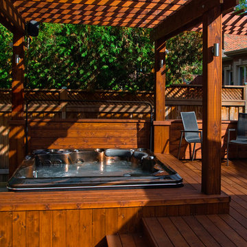 Large Cedar Deck, Hot Tub, and Eating Area with Umbrella