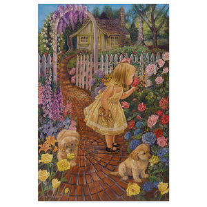 Pretty Girl with Dog Cat house steps by Tricia Reilly-Matthews Modern Postcard 