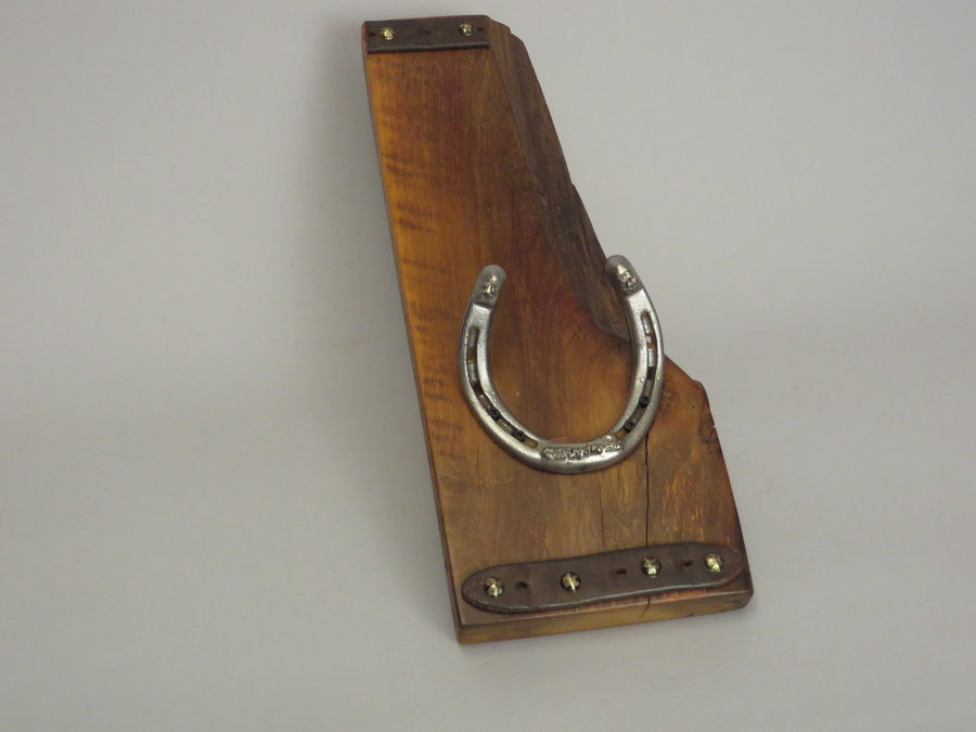 #R15046 Coat Rack Reclaimed Poplar, horseshoes, leather.