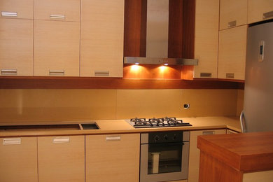 Foto di una cucina minimal con lavello da incasso, top in quarzo composito e elettrodomestici in acciaio inossidabile