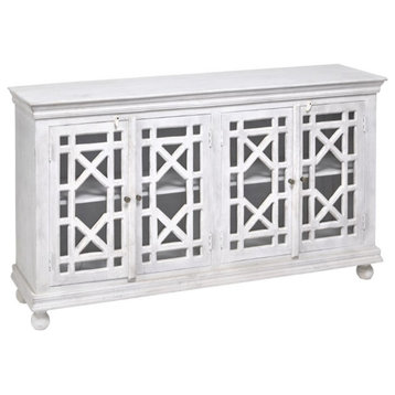 72" Distressed White Solid Wood Glass Trellis Doors Sideboard Cabinet