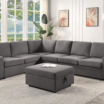 Waylon 119" Gray Linen 7-Seater L-Shape Sectional Sofa with Storage Ottoman and