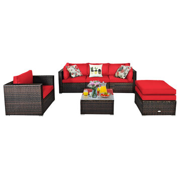 Costway 6PCS Patio Rattan Furniture Set Cushion Sofa Coffee Table Ottoman Red