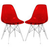 LeisureMod Dover Molded Side Chair With Acrylic Base, Set of 2 Transparent Red