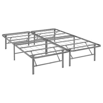 Modern Contemporary Urban Queen Size Platform Bed Frame, Silver, Metal Steel
