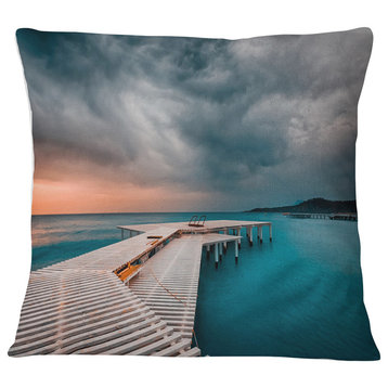 Pier in Ocean in Cloudy Day Seashore Photo Throw Pillow, 18"x18"