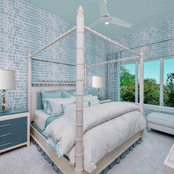 Schumacher Queen of Spain wallpaper in pale blue guest room