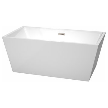 Sara 59" Freestanding White Bathtub, Brushed Nickel Drain and Overflow Trim