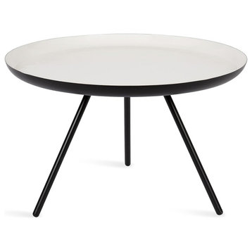 Modern Coffee Table, 3 Angled Legs & Round Top With Raised Edges, Black/White