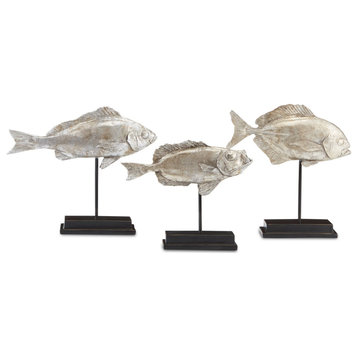 Currey & Company 1200-0437 Silver Fish Set of 3 in Antique Silver/Black