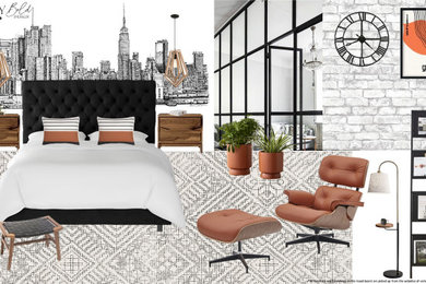 Imagen de dormitorio principal retro de tamaño medio con paredes blancas, suelo de madera en tonos medios, chimenea lineal, suelo marrón y papel pintado