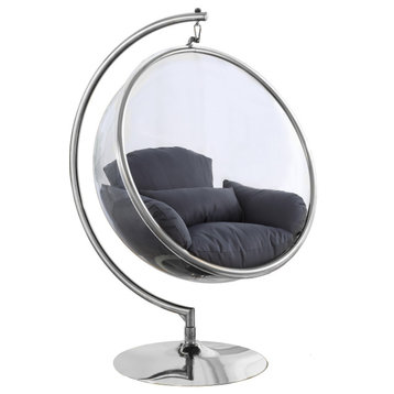 Luna Metal Acrylic Swing Bubble Accent Chair With Stand, Gray, Chrome Base