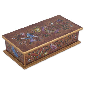 Novica Butterfly Jubilee, Sepia Reverse-Painted Glass Decorative Box