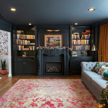 Monochromatic Fireside Elegance: A Radiant Transformation with Built-in Shelving