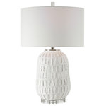 Uttermost - Uttermost Caelina Textured White Table Lamp - A Modern Take On Old World Style, This Table Lamp Features A Textured, Matte White Ceramic Base With An Organic Grid Design Displayed On A Thick Crystal Foot With Polished Nickel Accents.  UL approved requires 1 X 150 watt max.