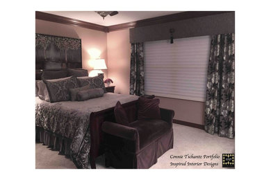 Example of a large transitional master carpeted bedroom design in Other with beige walls and no fireplace
