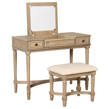 Linon Cyndi Wood Vanity & Padded Stool Set Flip Up Mirror 2 Drawers in Gray Wash